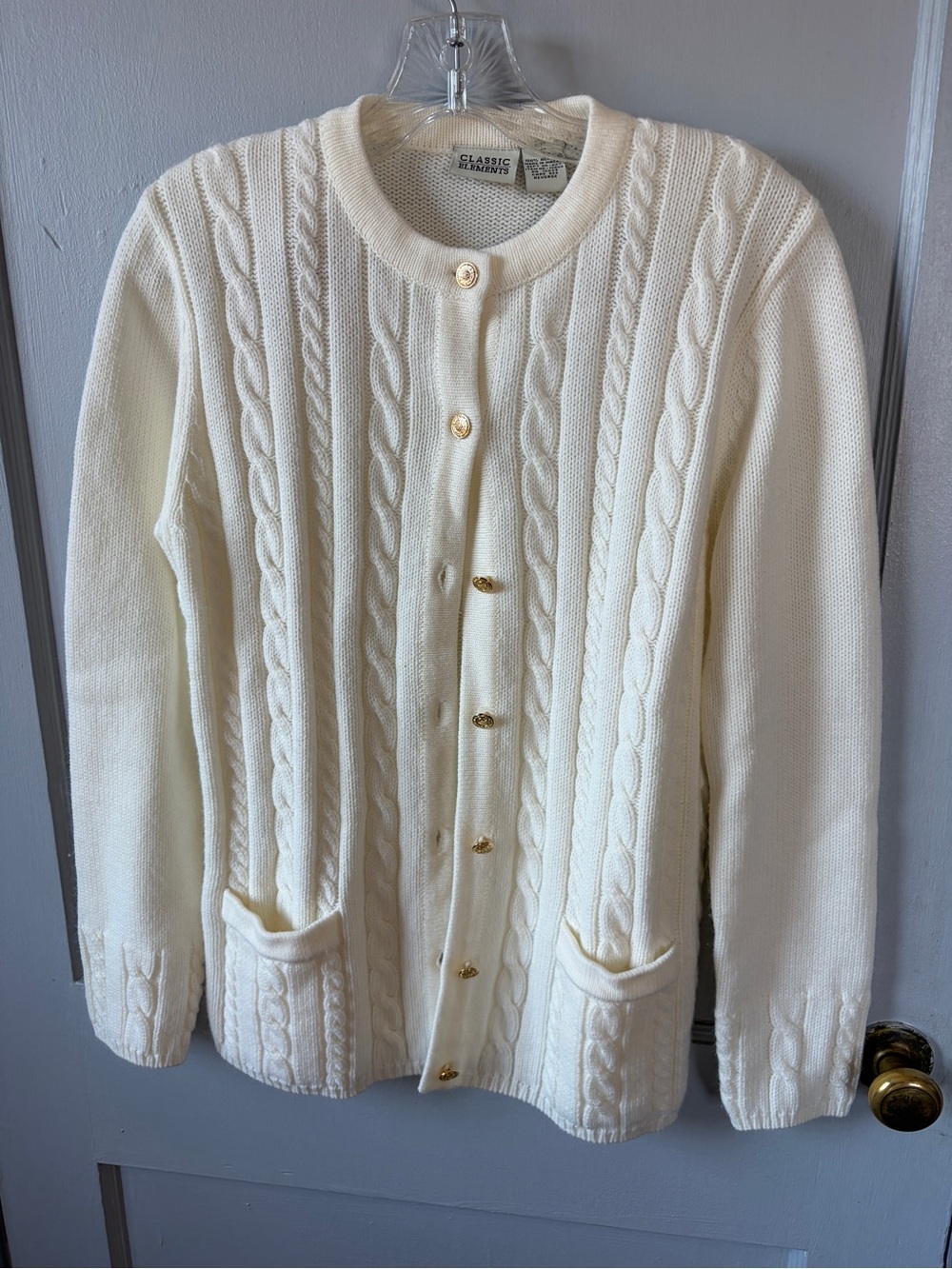 Classic Elements Ivory Cable Knit Cardigan with Gold Buttons